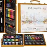 Set de pictura si desen pentru copii, 150 de piese, trusa lemn maro