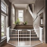 Bariera de protectie pentru copii, 318x75 cm, alba – 5 panouri, poarta cu blocare, montaj pe perete - imagine 3