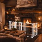 Bariera de protectie pentru copii, 318x75 cm, alba – 5 panouri, poarta cu blocare, montaj pe perete - imagine 5