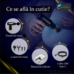 Mini-pistol de masaj cu 4 capete interschimbabile, 6 trepte de viteză, reîncărcabil USB Type-C, 25W, argintiu - imagine 3